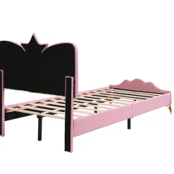 Lit Simple Enfant 90x200 cm, Tête de Lit Forme Couronne et Bordures Anti-Chocs, PU Mousse Contreplaqué, Sans Matelas, Rose/Blanc