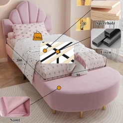 Lit Simple Enfant 90x200 cm, Tête de Lit Velours, Banc de Bout de Lit, Mousse Anti-Chocs, Contreplaqué, Sans Matelas, Rose