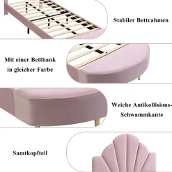 Lit Simple Enfant 90x200 cm, Tête de Lit Velours, Banc de Bout de Lit, Mousse Anti-Chocs, Contreplaqué, Sans Matelas, Rose