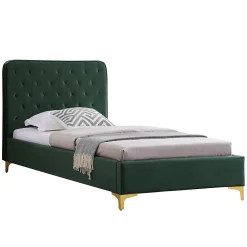 Lit simple GLAMOUR, 90x190 cm, capitonné avec sommier, revêtement en velours vert