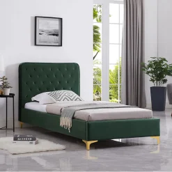 Lit simple GLAMOUR, 90x190 cm, capitonné avec sommier, revêtement en velours vert