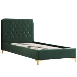 Lit simple GLAMOUR, 90x190 cm, capitonné avec sommier, revêtement en velours vert