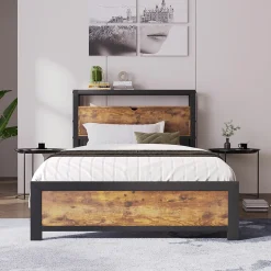 Lit simple industriel avec tête de lit rangement bois noyer 90x200cm