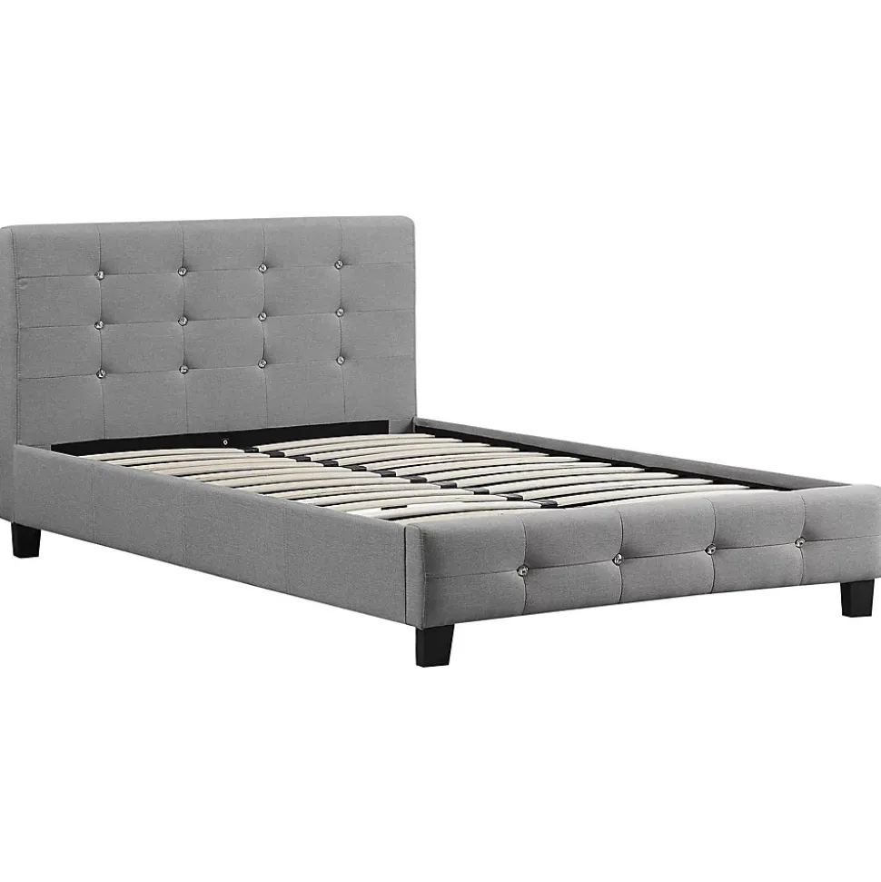 Lit simple JOLIEN, 120 x 190 cm, capitonné avec sommier, revêtement en tissu gris