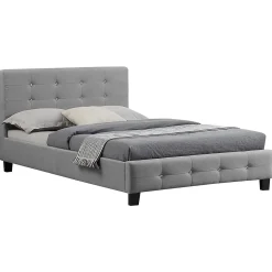 Lit simple JOLIEN, 120 x 190 cm, capitonné avec sommier, revêtement en tissu gris