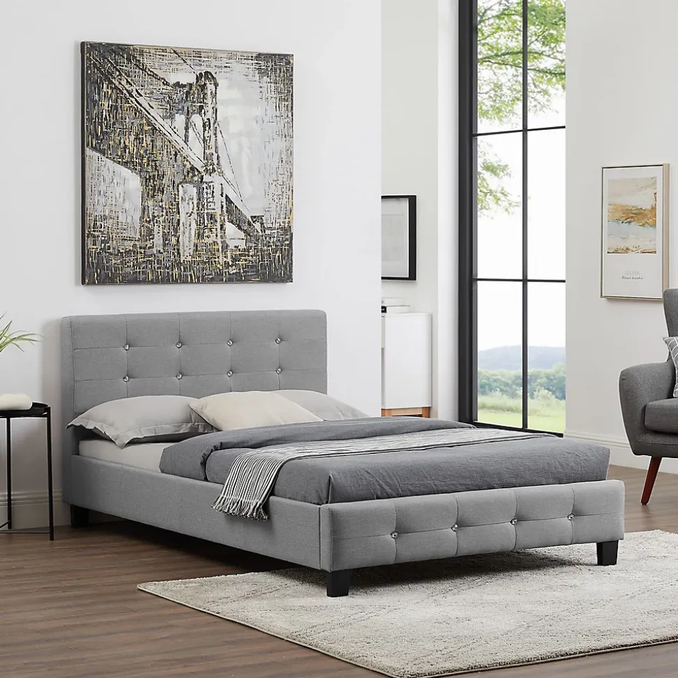 Lit simple JOLIEN, 120 x 190 cm, capitonné avec sommier, revêtement en tissu gris