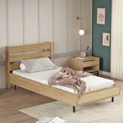 Lit simple Kvænangen 100 x 200 cm effet chêne aspect rotin noir en.casa