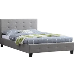 Lit simple MARLON, 120 x 190 cm, capitonné avec sommier, revêtement en tissu gris