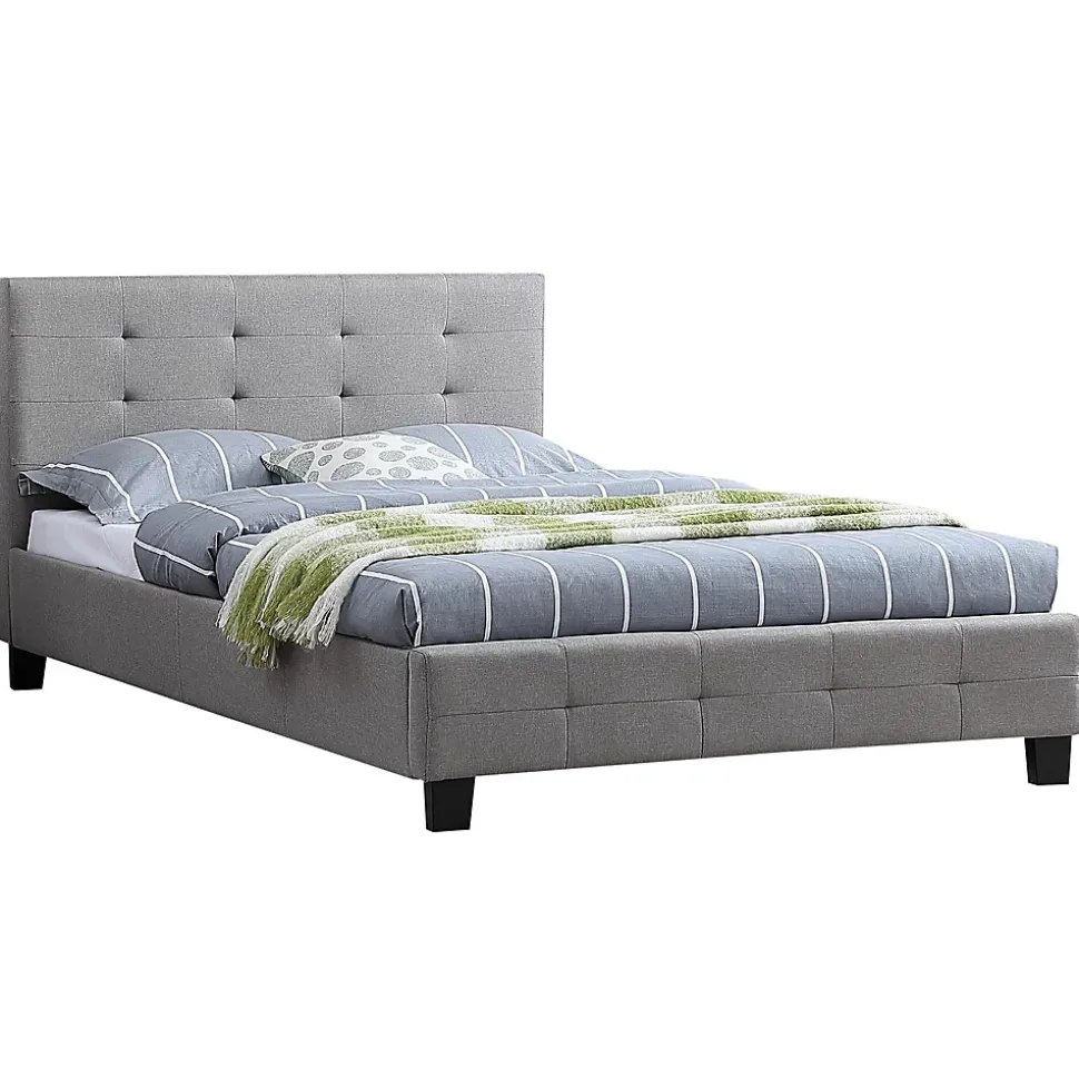Lit simple MARLON, 120 x 190 cm, capitonné avec sommier, revêtement en tissu gris
