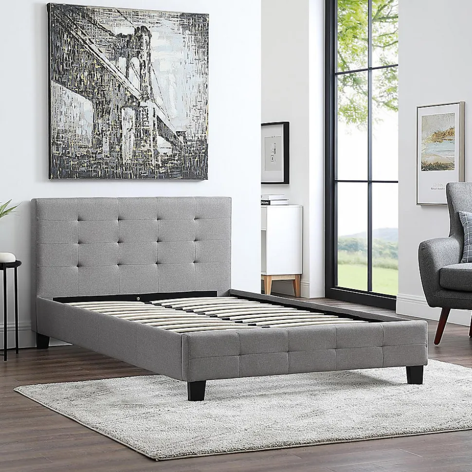 Lit simple MARLON, 120 x 190 cm, capitonné avec sommier, revêtement en tissu gris
