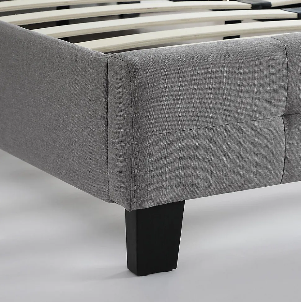 Lit simple MARLON, 120 x 190 cm, capitonné avec sommier, revêtement en tissu gris