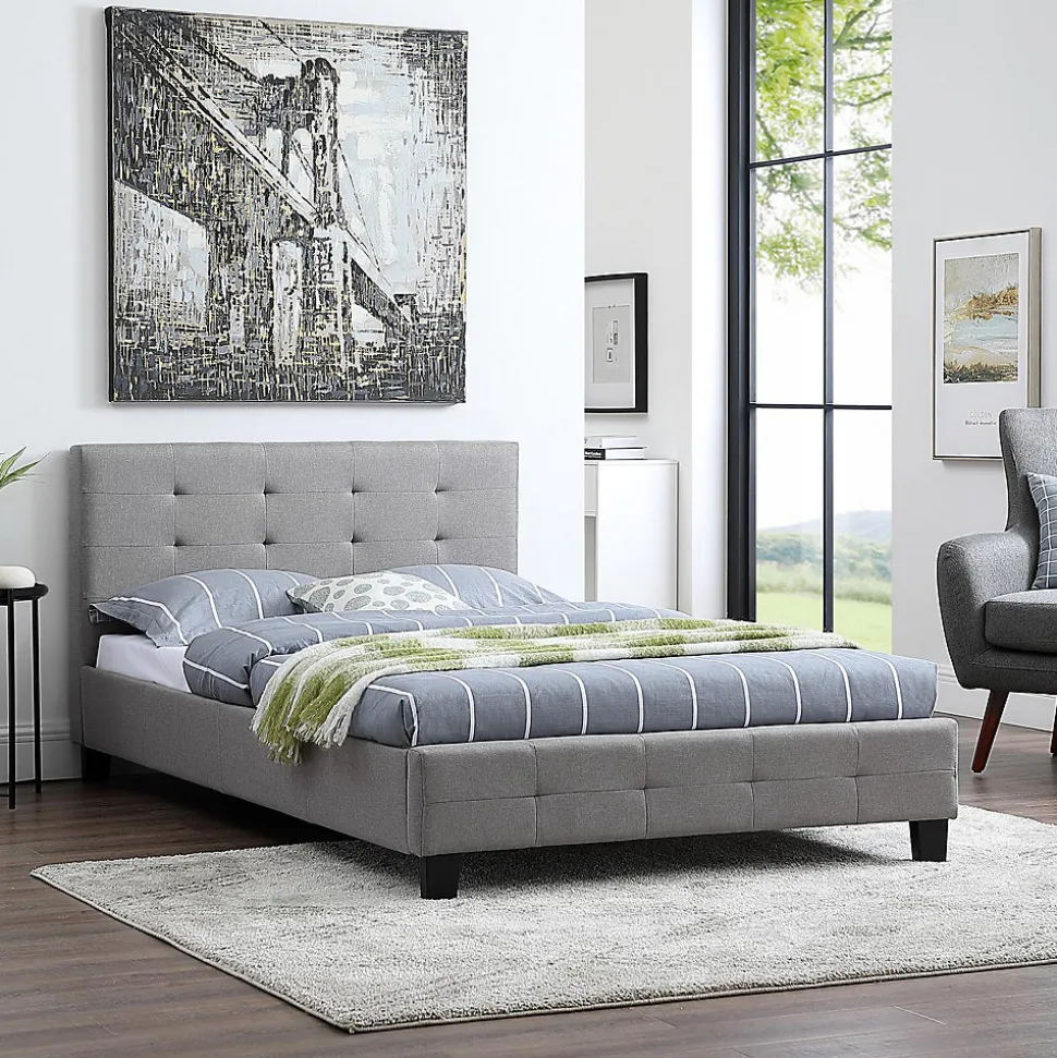 Lit simple MARLON, 120 x 190 cm, capitonné avec sommier, revêtement en tissu gris
