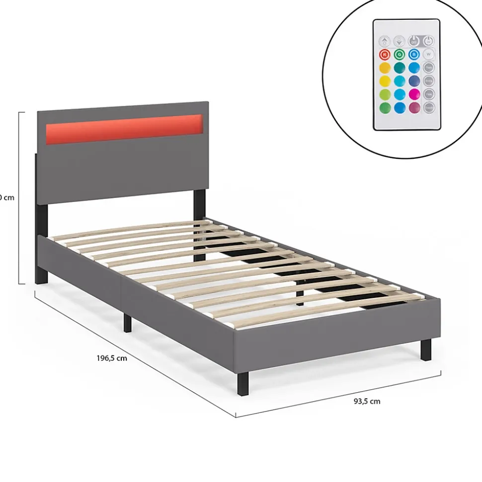 Lit simple NEO avec tête de lit LED intégrées et sommier 90 x 190 cm PVC gris