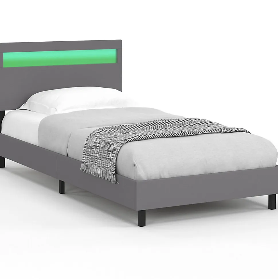 Lit simple NEO avec tête de lit LED intégrées et sommier 90 x 190 cm PVC gris