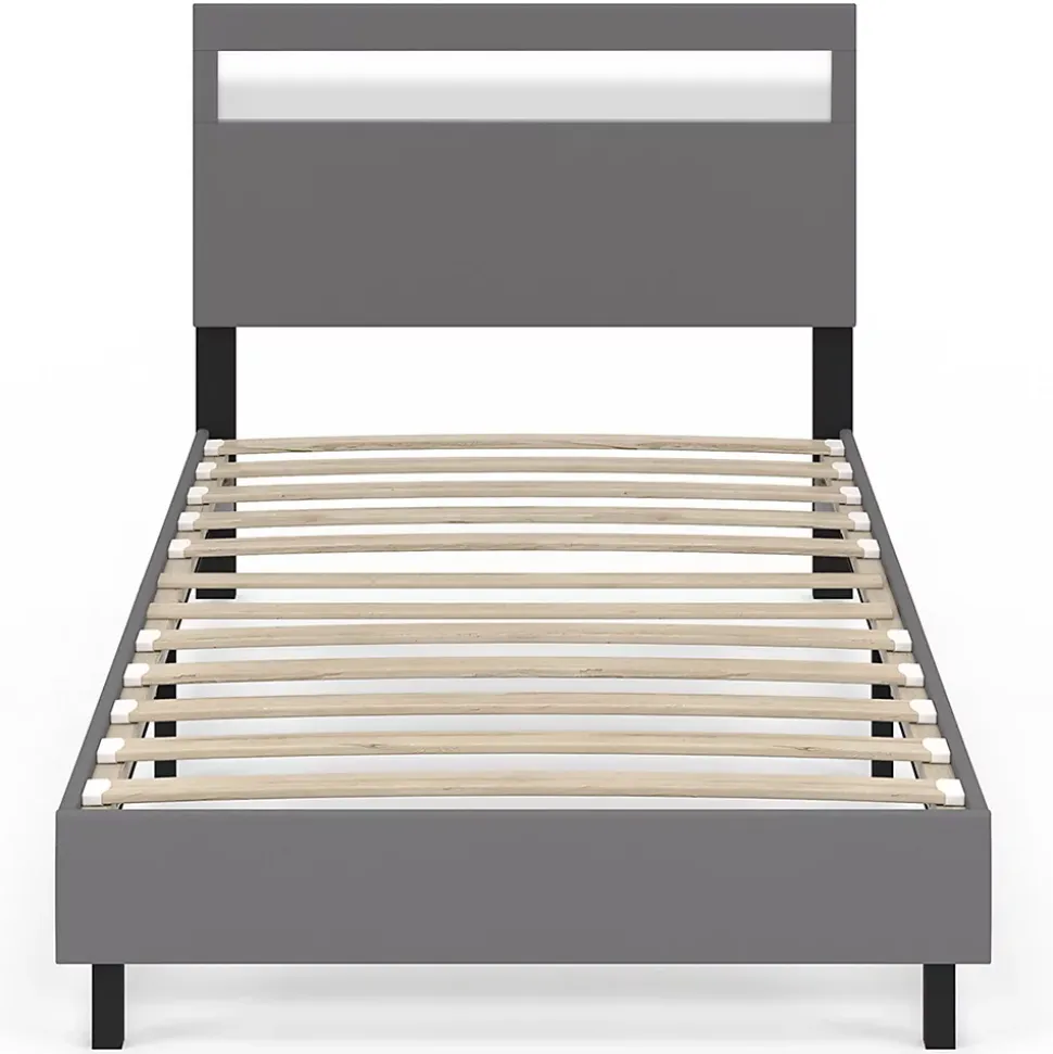 Lit simple NEO avec tête de lit LED intégrées et sommier 90 x 190 cm PVC gris