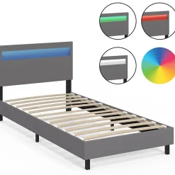 Lit simple NEO avec tête de lit LED intégrées et sommier 90 x 190 cm PVC gris