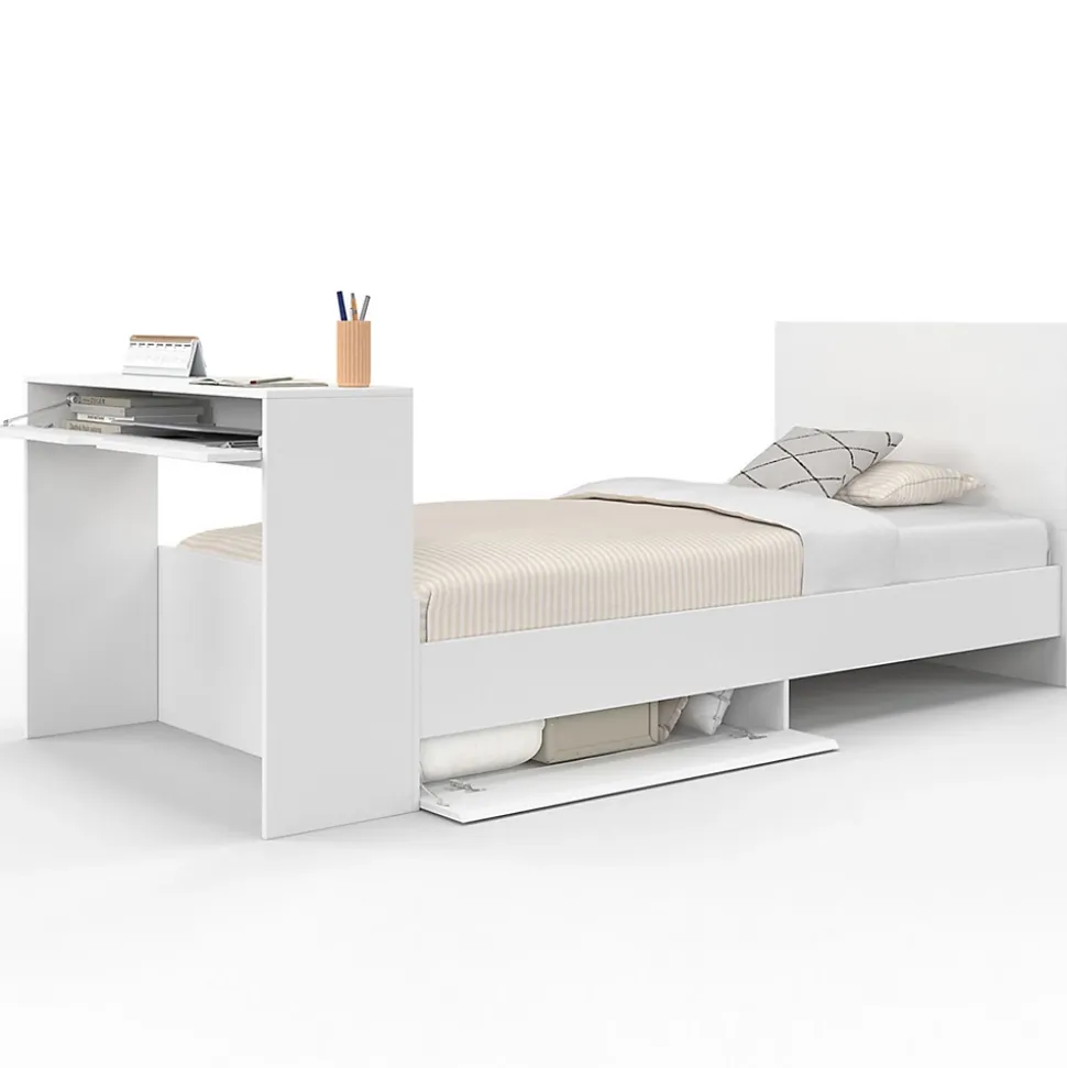 Lit simple OMAHA 90 x 190 cm avec sommier, tête de lit, bureau et rangements blanc