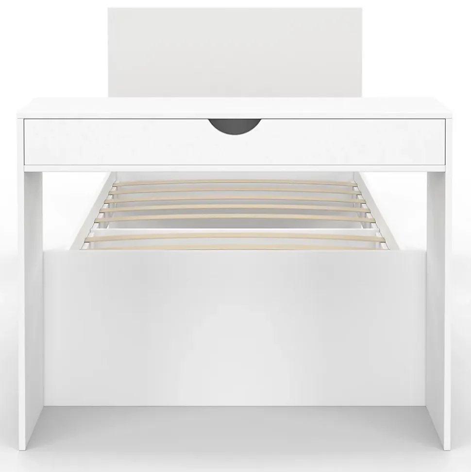 Lit simple OMAHA 90 x 190 cm avec sommier, tête de lit, bureau et rangements blanc