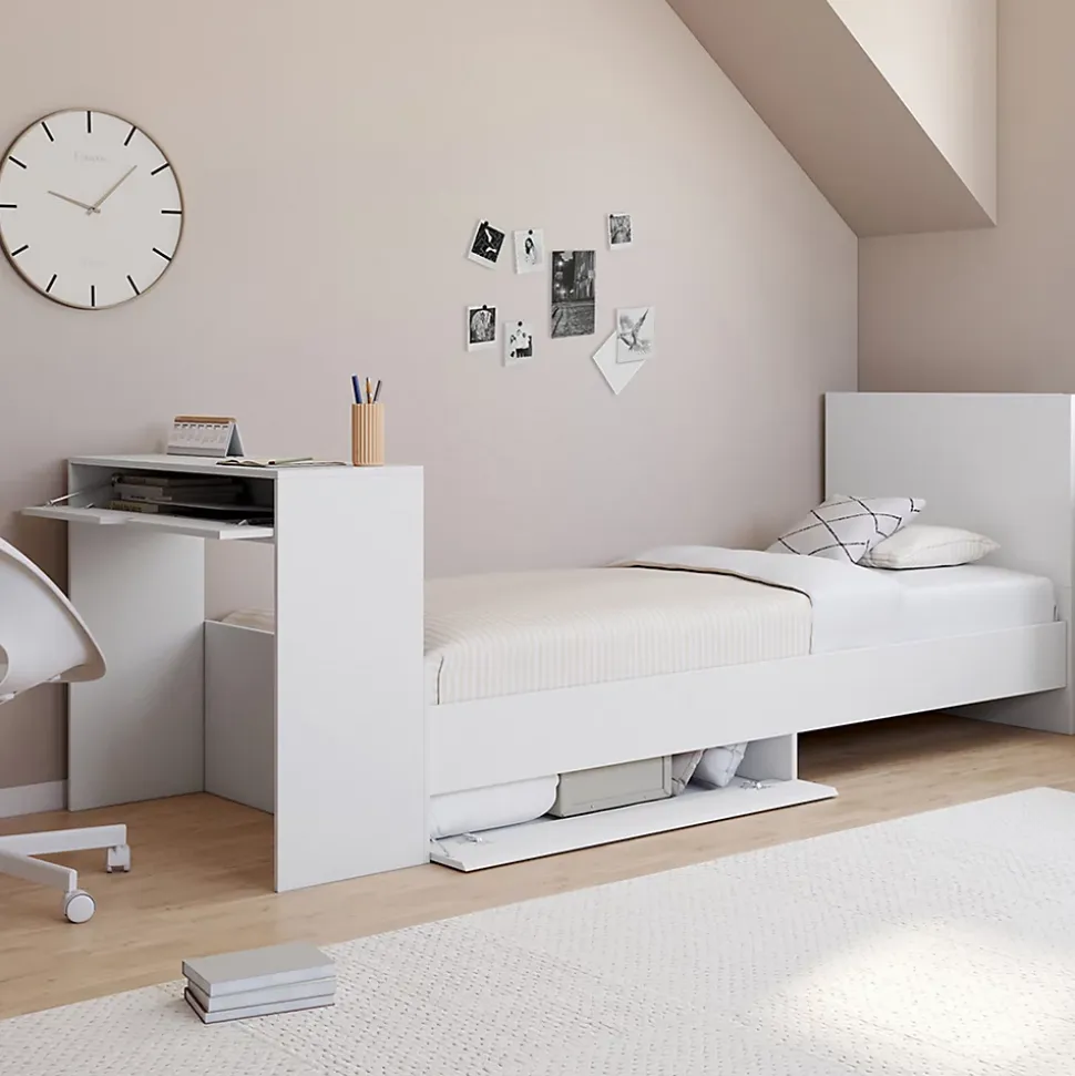 Lit simple OMAHA 90 x 190 cm avec sommier, tête de lit, bureau et rangements blanc