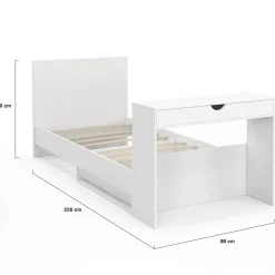Lit simple OMAHA 90 x 190 cm avec sommier, tête de lit, bureau et rangements blanc