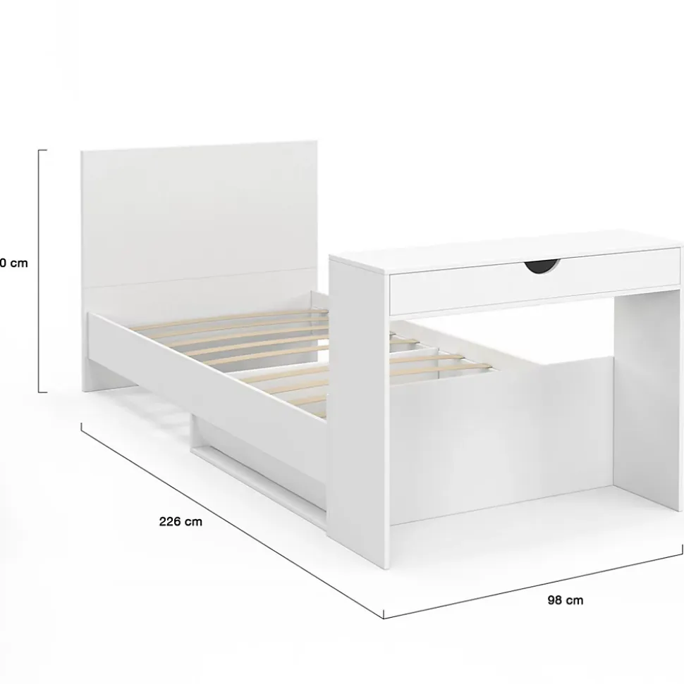Lit simple OMAHA 90 x 190 cm avec sommier, tête de lit, bureau et rangements blanc