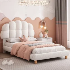 Lit Simple pour enfant 90 x 200 cm - Lit enfant Capitonné - Non-Tissé - Sans Matelas - Blanc