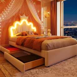 Lit Simple pour enfant 90 x 200 cm - Lit avec 2 Rangements - PU + MDF - Sans Matelas - Blanc