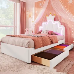 Lit Simple pour enfant 90 x 200 cm - Lit avec 2 Rangements - PU + MDF - Sans Matelas - Blanc