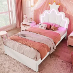 Lit Simple pour enfant 90 x 200 cm - Lit avec 2 Rangements - PU + MDF - Sans Matelas - Blanc