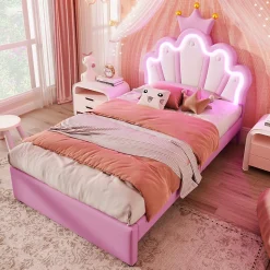 Lit Simple pour enfant 90 x 200 cm - Lit avec 2 Rangements - PU + MDF - Sans Matelas - Rose