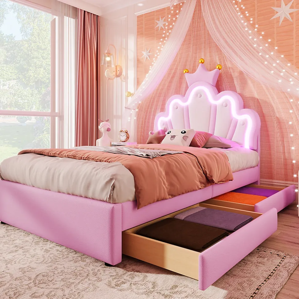 Lit Simple pour enfant 90 x 200 cm - Lit avec 2 Rangements - PU + MDF - Sans Matelas - Rose