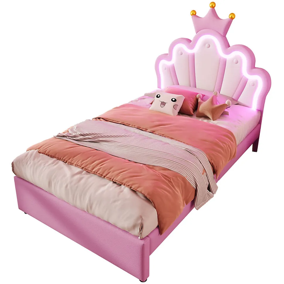 Lit Simple pour enfant 90 x 200 cm - Lit avec 2 Rangements - PU + MDF - Sans Matelas - Rose