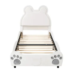 Lit simple pour enfant 90x200 cm - Lit capitonné en forme d'ours - Velours + Métal + MDF - Sans matelas - Blanc