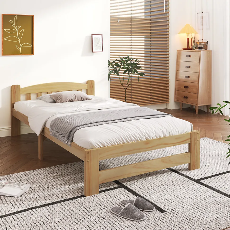 Lit simple pour enfant 90x200 cm - Lit classique avec tête de lit et sommier à lattes - Pin - Sans matelas - Naturel