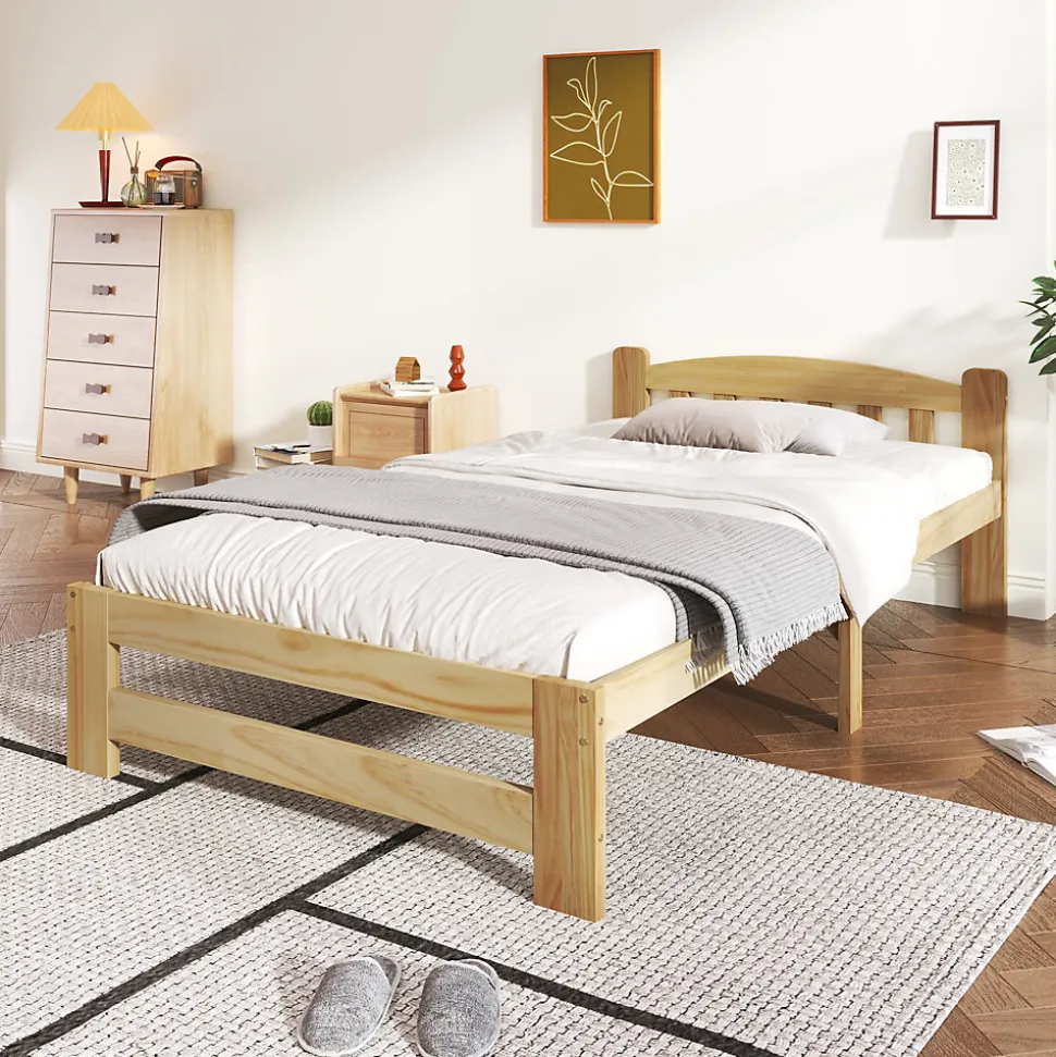 Lit simple pour enfant 90x200 cm - Lit classique avec tête de lit et sommier à lattes - Pin - Sans matelas - Naturel