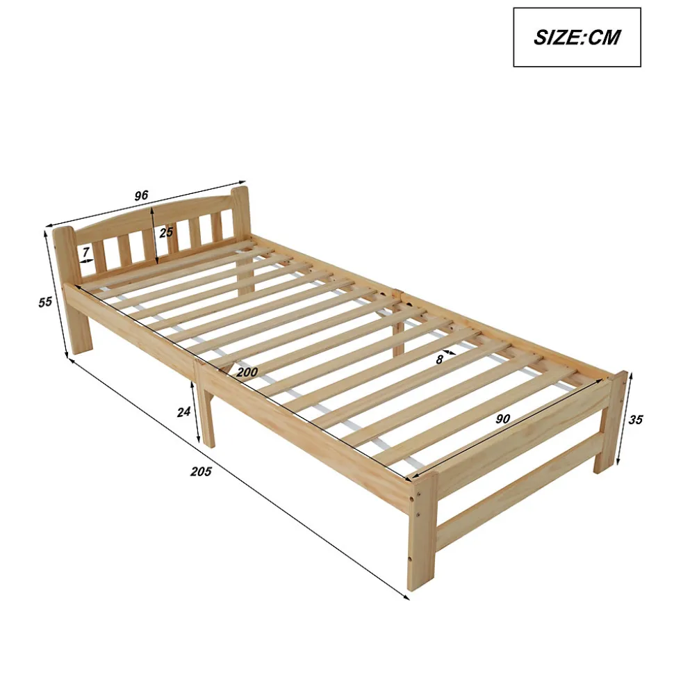 Lit simple pour enfant 90x200 cm - Lit classique avec tête de lit et sommier à lattes - Pin - Sans matelas - Naturel