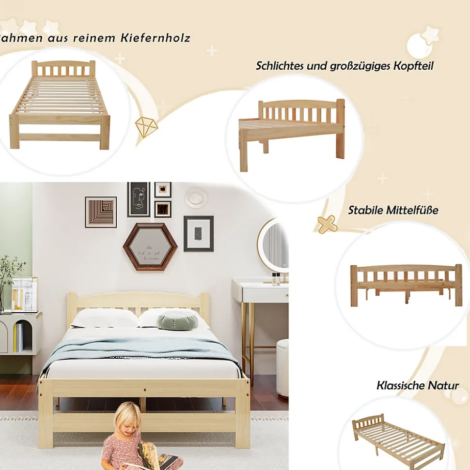 Lit simple pour enfant 90x200 cm - Lit classique avec tête de lit et sommier à lattes - Pin - Sans matelas - Naturel