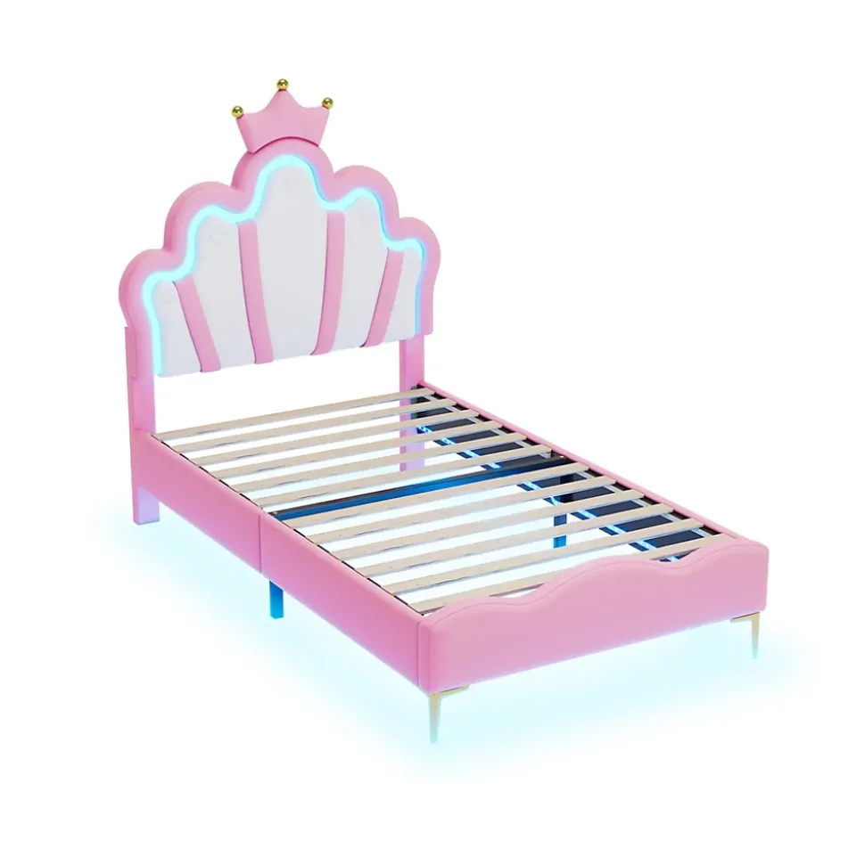 Lit simple pour enfant 90x200 cm - Lit enfant avec bande lumineuse LED - MDF + Cuir synthétique + Métal - Sans matelas - Rose