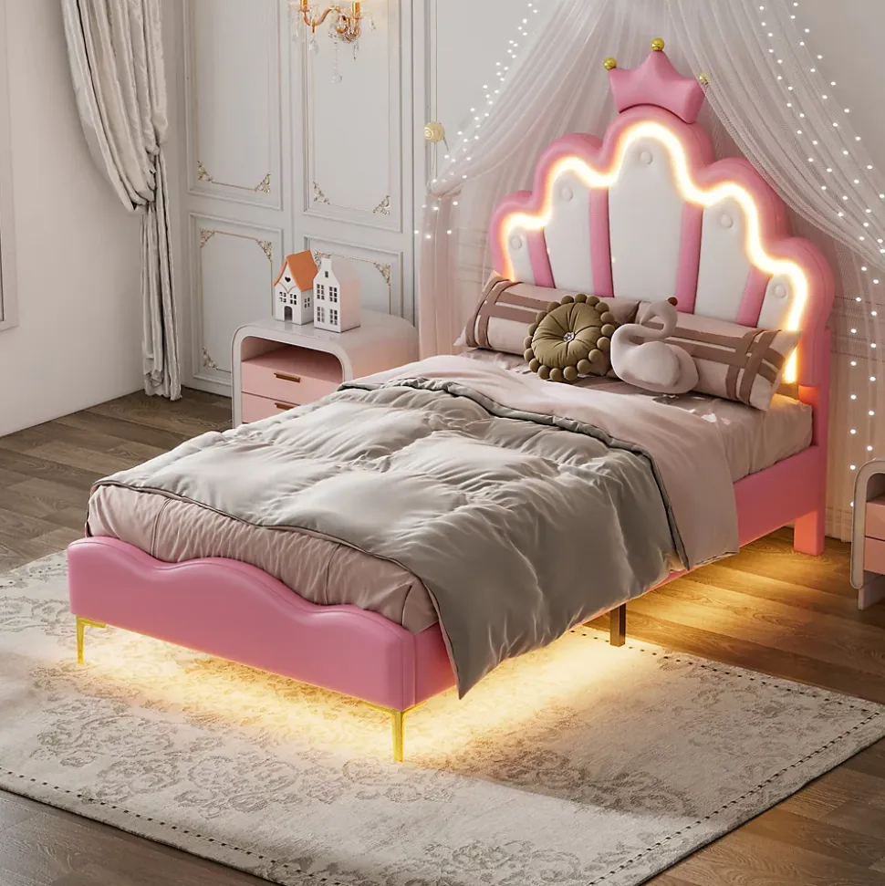 Lit simple pour enfant 90x200 cm - Lit enfant avec bande lumineuse LED - MDF + Cuir synthétique + Métal - Sans matelas - Rose