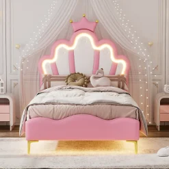 Lit simple pour enfant 90x200 cm - Lit enfant avec bande lumineuse LED - MDF + Cuir synthétique + Métal - Sans matelas - Rose