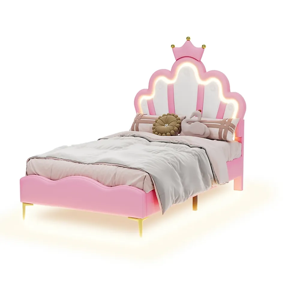 Lit simple pour enfant 90x200 cm - Lit enfant avec bande lumineuse LED - MDF + Cuir synthétique + Métal - Sans matelas - Rose