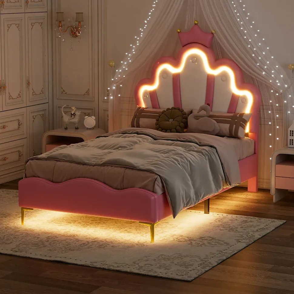 Lit simple pour enfant 90x200 cm - Lit enfant avec bande lumineuse LED - MDF + Cuir synthétique + Métal - Sans matelas - Rose