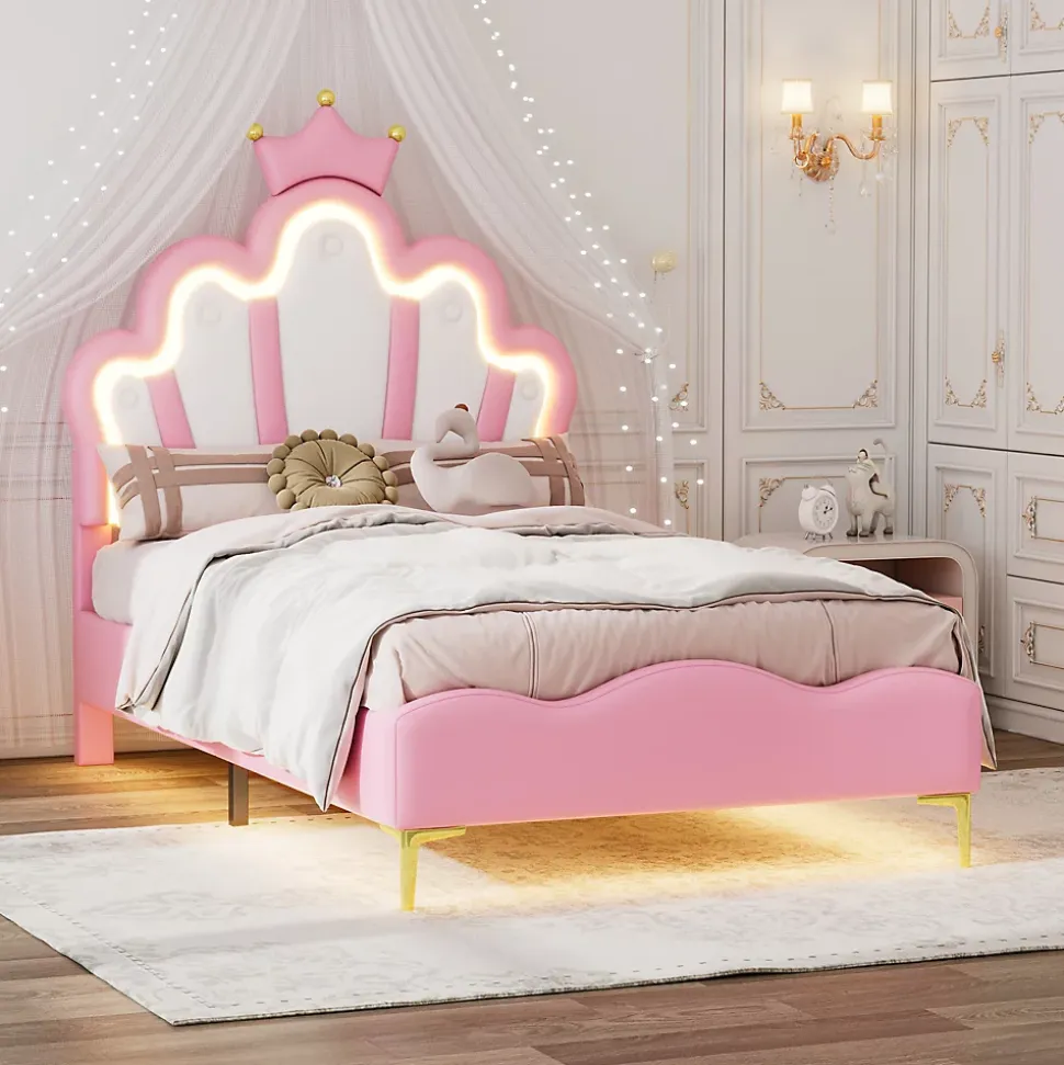 Lit simple pour enfant 90x200 cm - Lit enfant avec bande lumineuse LED - MDF + Cuir synthétique + Métal - Sans matelas - Rose