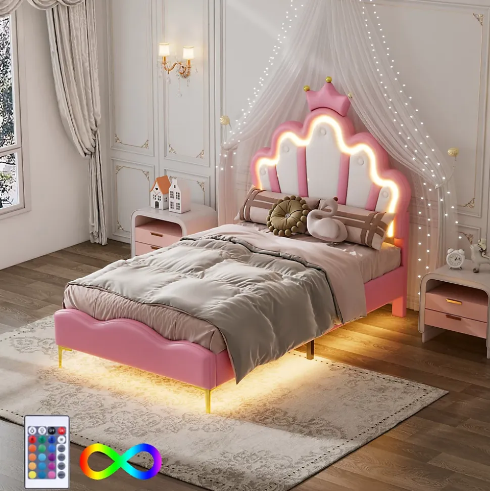Lit simple pour enfant 90x200 cm - Lit enfant avec bande lumineuse LED - MDF + Cuir synthétique + Métal - Sans matelas - Rose