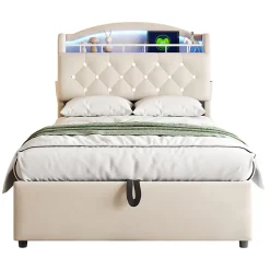 Lit simple rembourré 90 sur 200 en velours avec LED port USB et rangement multifonctionnel couleur beige