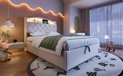 Lit simple rembourré 90 sur 200 en velours avec LED port USB et rangement multifonctionnel couleur beige