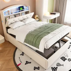 Lit simple rembourré 90 sur 200 en velours avec LED port USB et rangement multifonctionnel couleur beige