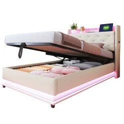 Lit simple rembourré 90 sur 200 avec LED multicolores port USB tête relevable coffre hydraulique poche téléphone lin beige
