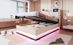 Lit simple rembourré 90 sur 200 avec LED multicolores port USB tête relevable coffre hydraulique poche téléphone lin beige