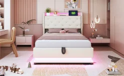 Lit simple rembourré 90 sur 200 avec LED multicolores port USB tête relevable coffre hydraulique poche téléphone lin beige